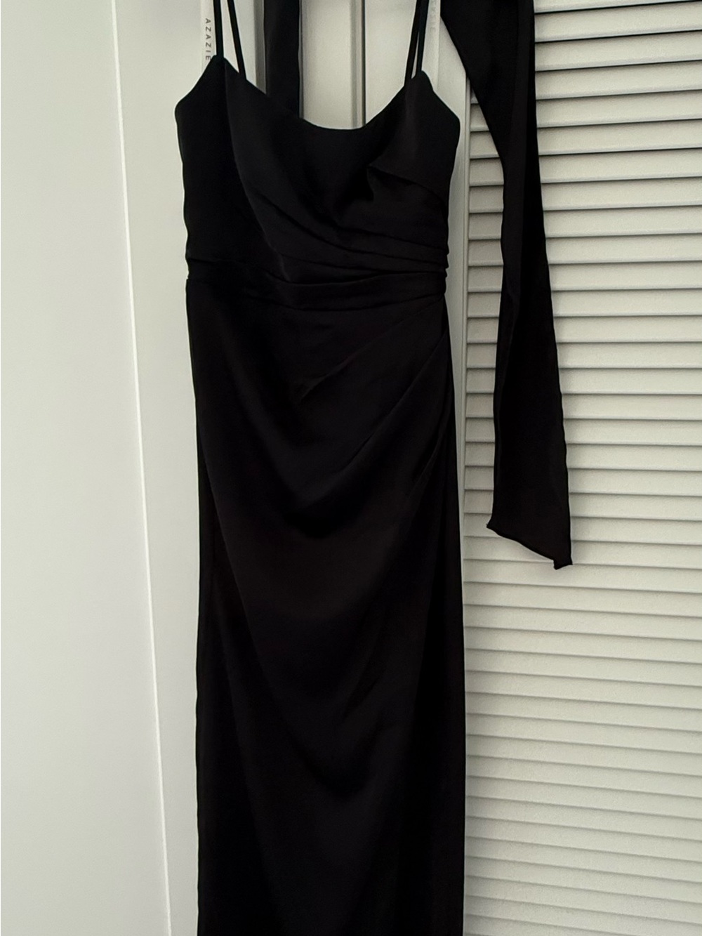 Azazie Calandra Black Sheath Pleated Stretch Satin Dress